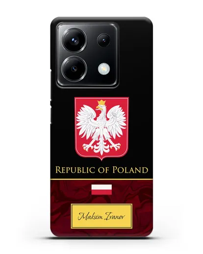 Чехол с гербом и флагом Республики Польша с именем, фамилией на английском языке, красный мрамор силиконовый для Xiaomi Poco X6