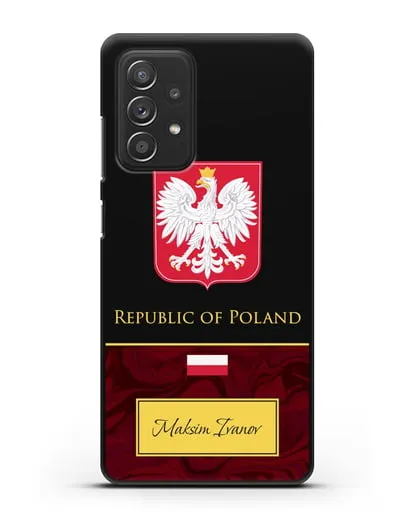 Чехол с гербом и флагом Республики Польша с именем, фамилией на английском языке, красный мрамор силиконовый для Samsung Galaxy A53