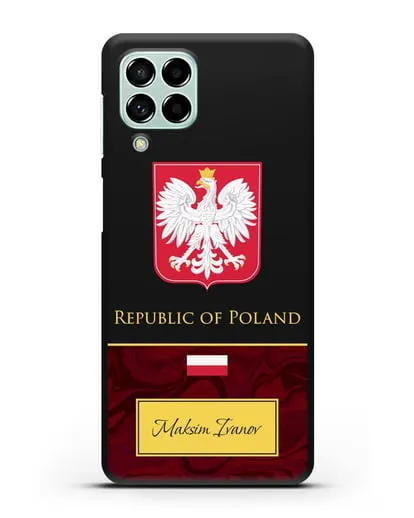 Чехол с гербом и флагом Республики Польша с именем, фамилией на английском языке, красный мрамор силиконовый для Samsung Galaxy M53 [SM-M536]