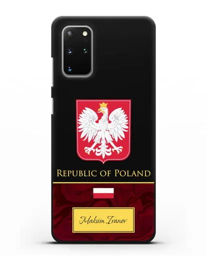 Чехол с гербом и флагом Республики Польша с именем, фамилией на английском языке, красный мрамор силиконовый для Samsung Galaxy S20 Plus [SM-G985F]