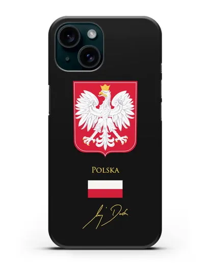 Чехол с гербом и флагом Республики Польша с подписью президента силиконовый для iPhone 15