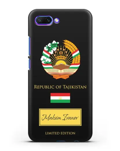 Чехол с гербом и флагом Республики Таджикистан с именем, фамилией на английском языке силиконовый для Honor 10