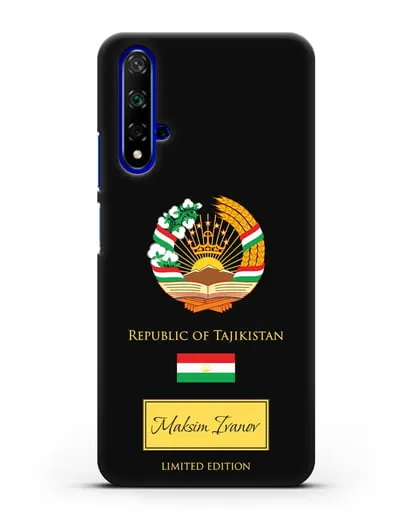 Чехол с гербом и флагом Республики Таджикистан с именем, фамилией на английском языке силиконовый для Honor 20