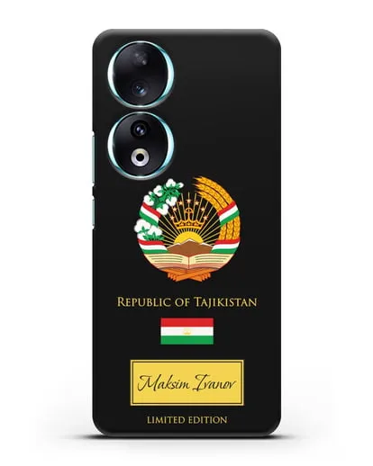 Чехол с гербом и флагом Республики Таджикистан с именем, фамилией на английском языке силиконовый для Honor 90