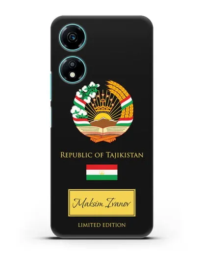 Чехол с гербом и флагом Республики Таджикистан с именем, фамилией на английском языке силиконовый для Honor X5 Plus