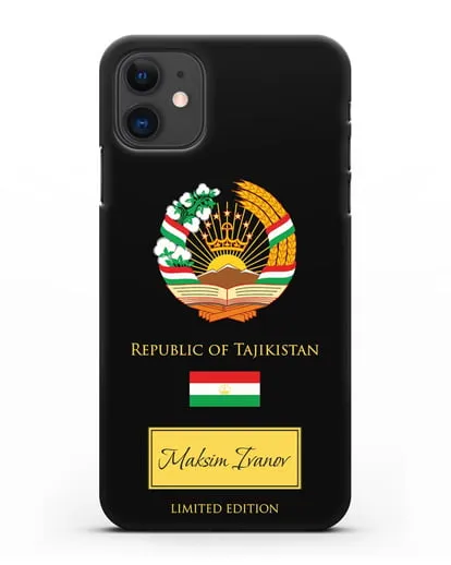 Чехол с гербом и флагом Республики Таджикистан с именем, фамилией на английском языке силиконовый для iPhone 11