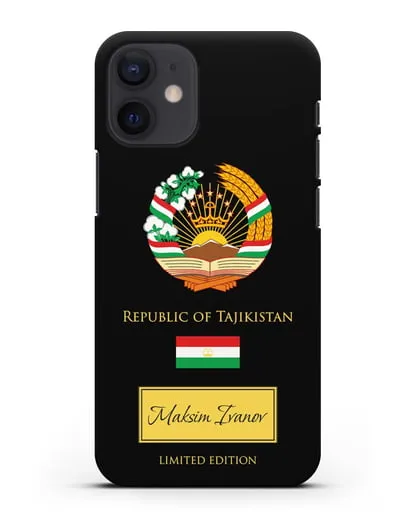 Чехол с гербом и флагом Республики Таджикистан с именем, фамилией на английском языке силиконовый для iPhone 12 mini