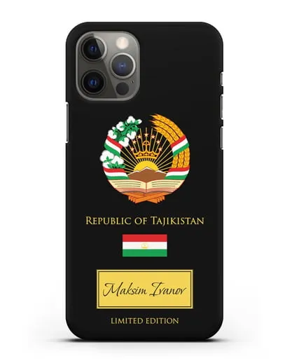Чехол с гербом и флагом Республики Таджикистан с именем, фамилией на английском языке силиконовый для iPhone 12 Pro