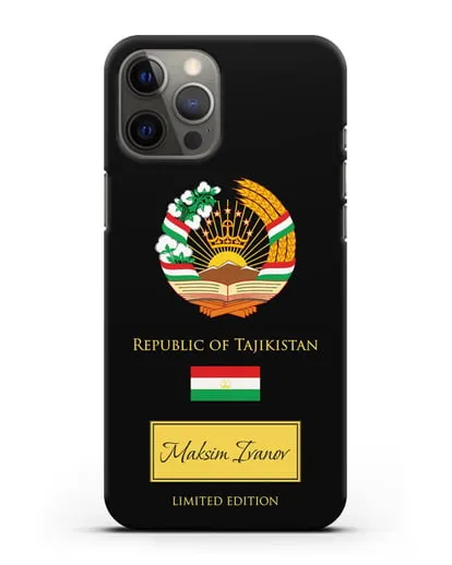 Чехол с гербом и флагом Республики Таджикистан с именем, фамилией на английском языке силиконовый для iPhone 12 Pro Max