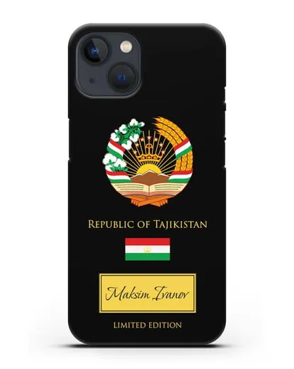 Чехол с гербом и флагом Республики Таджикистан с именем, фамилией на английском языке силиконовый для iPhone 13