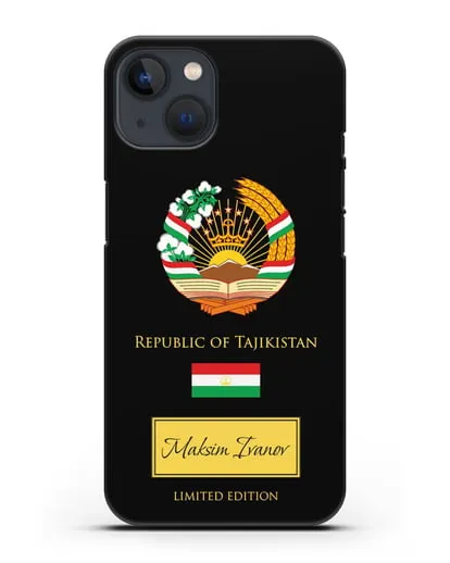 Чехол с гербом и флагом Республики Таджикистан с именем, фамилией на английском языке силиконовый для iPhone 13 Mini