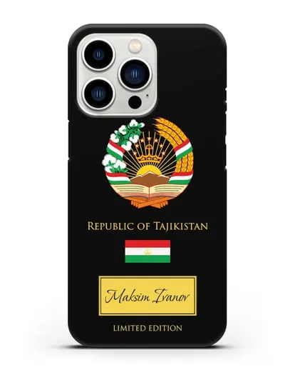 Чехол с гербом и флагом Республики Таджикистан с именем, фамилией на английском языке силиконовый для iPhone 13 Pro