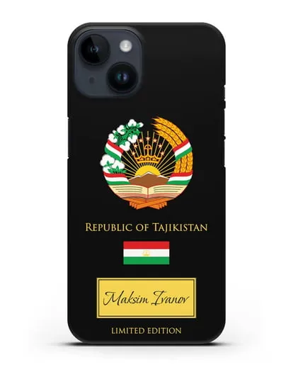 Чехол с гербом и флагом Республики Таджикистан с именем, фамилией на английском языке силиконовый для iPhone 14