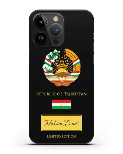 Чехол с гербом и флагом Республики Таджикистан с именем, фамилией на английском языке силиконовый для iPhone 14 Pro Max