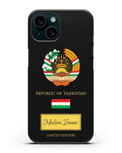 Чехол с гербом и флагом Республики Таджикистан с именем, фамилией на английском языке силиконовый для iPhone 15