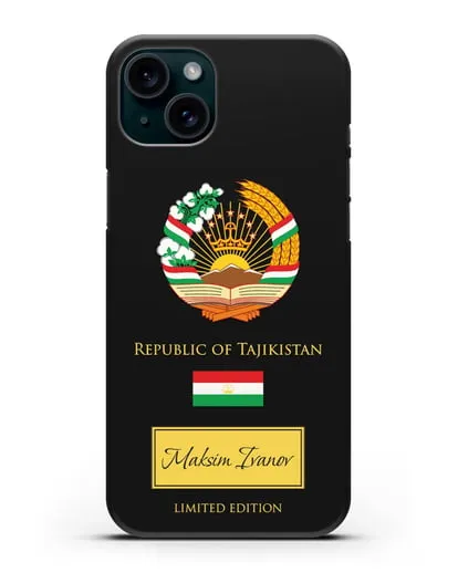 Чехол с гербом и флагом Республики Таджикистан с именем, фамилией на английском языке силиконовый для iPhone 15 Plus
