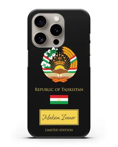 Чехол с гербом и флагом Республики Таджикистан с именем, фамилией на английском языке силиконовый для iPhone 15 Pro