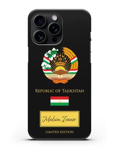 Чехол с гербом и флагом Республики Таджикистан с именем, фамилией на английском языке силиконовый для iPhone 15 Pro Max