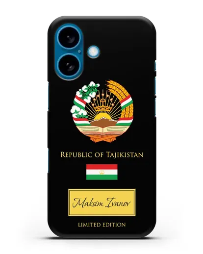 Чехол с гербом и флагом Республики Таджикистан с именем, фамилией на английском языке силиконовый для iPhone 16