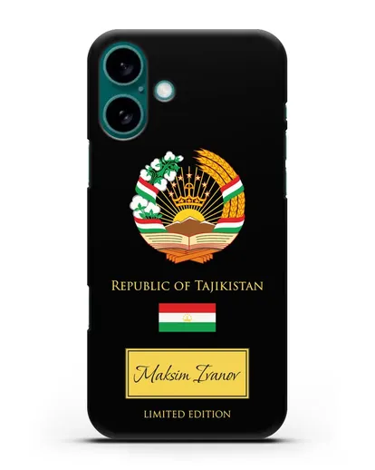 Чехол с гербом и флагом Республики Таджикистан с именем, фамилией на английском языке силиконовый для iPhone 16 Plus