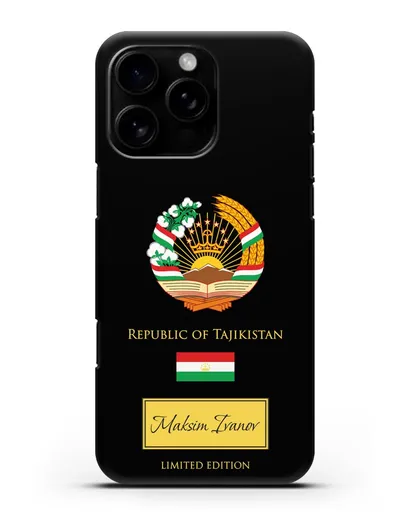 Чехол с гербом и флагом Республики Таджикистан с именем, фамилией на английском языке силиконовый для iPhone 16 Pro Max