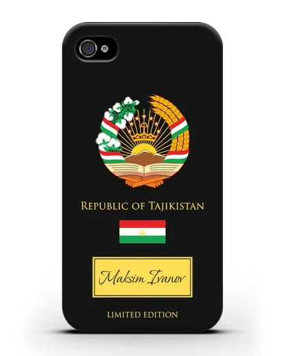 Чехол с гербом и флагом Республики Таджикистан с именем, фамилией на английском языке силиконовый для iPhone 4/4s