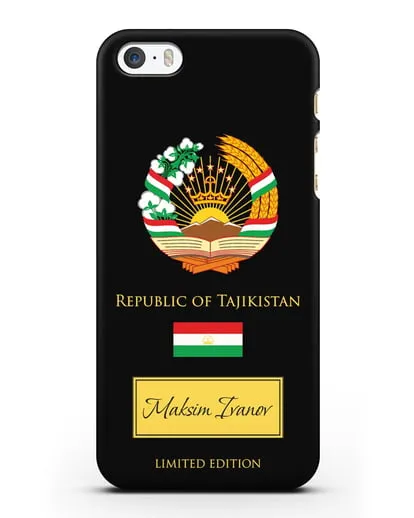 Чехол с гербом и флагом Республики Таджикистан с именем, фамилией на английском языке силиконовый для iPhone 5/5s/SE