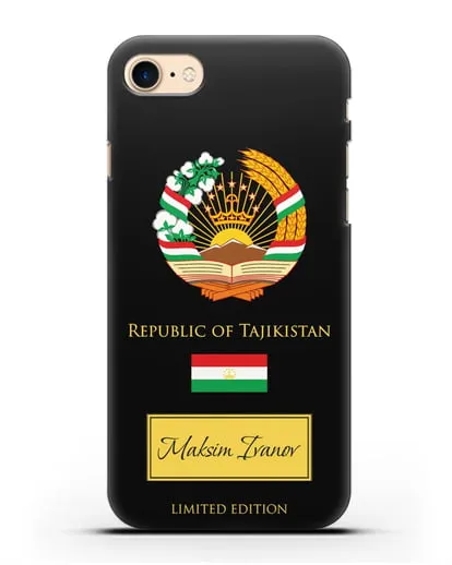 Чехол с гербом и флагом Республики Таджикистан с именем, фамилией на английском языке силиконовый для iPhone 7
