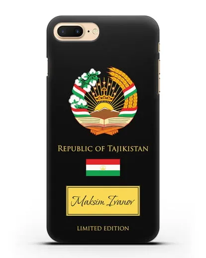 Чехол с гербом и флагом Республики Таджикистан с именем, фамилией на английском языке силиконовый для iPhone 7 Plus