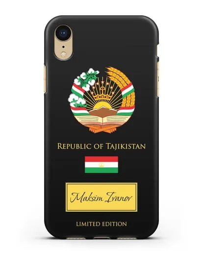 Чехол с гербом и флагом Республики Таджикистан с именем, фамилией на английском языке силиконовый для iPhone XR