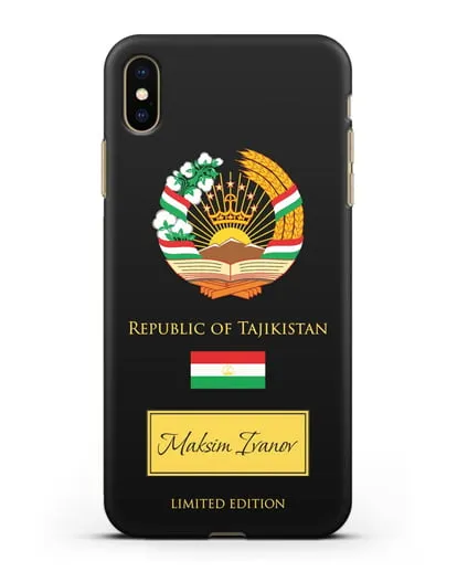 Чехол с гербом и флагом Республики Таджикистан с именем, фамилией на английском языке силиконовый для iPhone XS Max