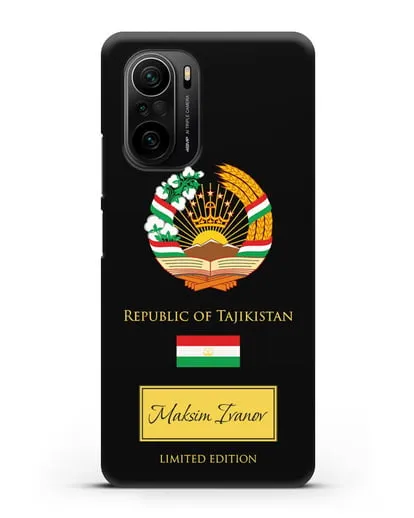 Чехол с гербом и флагом Республики Таджикистан с именем, фамилией на английском языке силиконовый для Xiaomi Poco F3