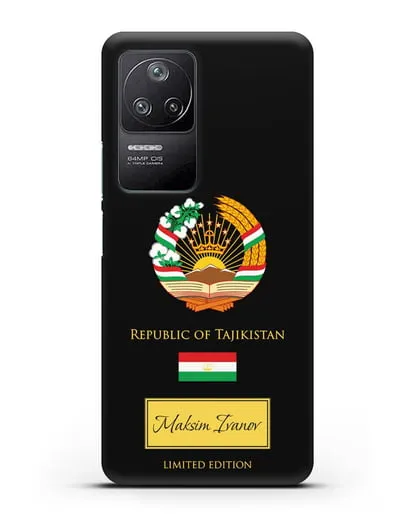 Чехол с гербом и флагом Республики Таджикистан с именем, фамилией на английском языке силиконовый для Xiaomi Poco F4