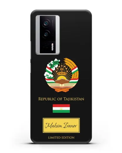 Чехол с гербом и флагом Республики Таджикистан с именем, фамилией на английском языке силиконовый для Xiaomi Poco F5 Pro