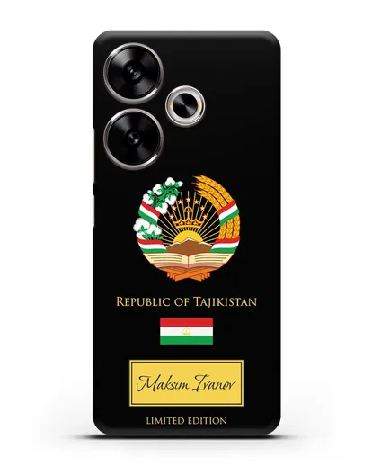 Чехол с гербом и флагом Республики Таджикистан с именем, фамилией на английском языке силиконовый для Xiaomi Poco F6