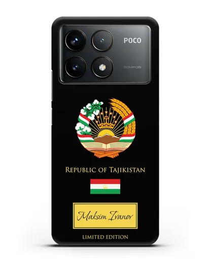 Чехол с гербом и флагом Республики Таджикистан с именем, фамилией на английском языке силиконовый для Xiaomi Poco F6 Pro