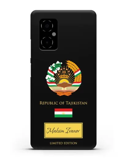 Чехол с гербом и флагом Республики Таджикистан с именем, фамилией на английском языке силиконовый для Xiaomi Poco M4 5G