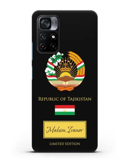 Чехол с гербом и флагом Республики Таджикистан с именем, фамилией на английском языке силиконовый для Xiaomi Poco M4 Pro 5G