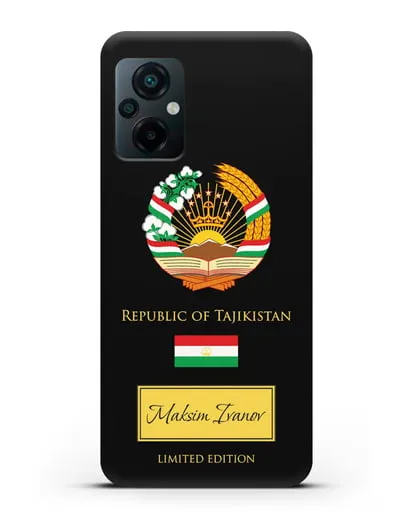 Чехол с гербом и флагом Республики Таджикистан с именем, фамилией на английском языке силиконовый для Xiaomi Poco M5