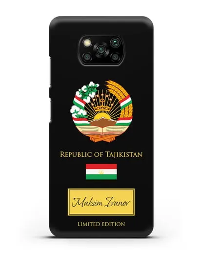 Чехол с гербом и флагом Республики Таджикистан с именем, фамилией на английском языке силиконовый для Xiaomi Poco X3