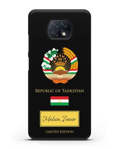 Чехол с гербом и флагом Республики Таджикистан с именем, фамилией на английском языке силиконовый для Xiaomi Redmi Note 9T