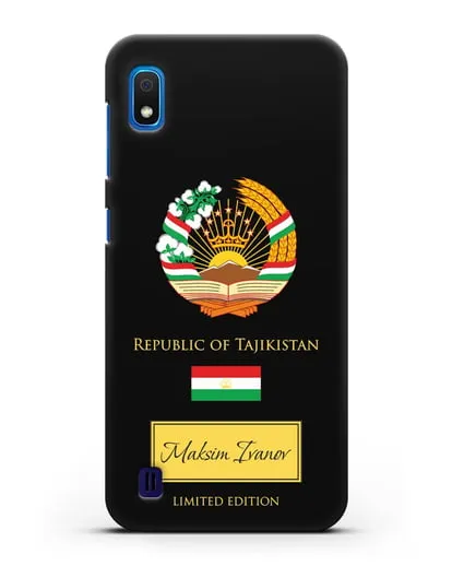Чехол с гербом и флагом Республики Таджикистан с именем, фамилией на английском языке силиконовый для Samsung Galaxy A10 [SM-A105F]