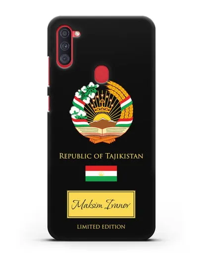 Чехол с гербом и флагом Республики Таджикистан с именем, фамилией на английском языке силиконовый для Samsung Galaxy A11 [SM-A115F]