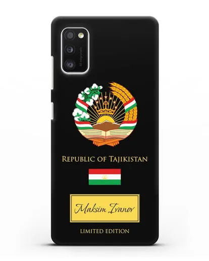Чехол с гербом и флагом Республики Таджикистан с именем, фамилией на английском языке силиконовый для Samsung Galaxy A41 [SM-A415F]