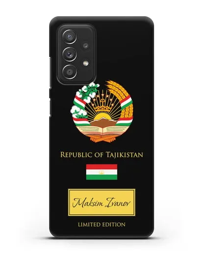 Чехол с гербом и флагом Республики Таджикистан с именем, фамилией на английском языке силиконовый для Samsung Galaxy A53