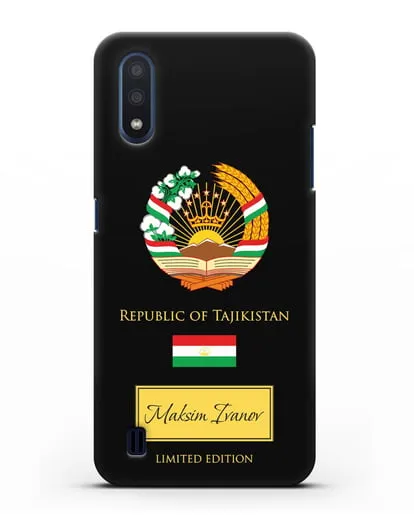 Чехол с гербом и флагом Республики Таджикистан с именем, фамилией на английском языке силиконовый для Samsung Galaxy M01 [SM-M015F]
