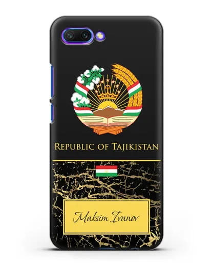 Чехол с гербом и флагом Республики Таджикистан с именем, фамилией на английском языке, черный мрамор силиконовый для Honor 10