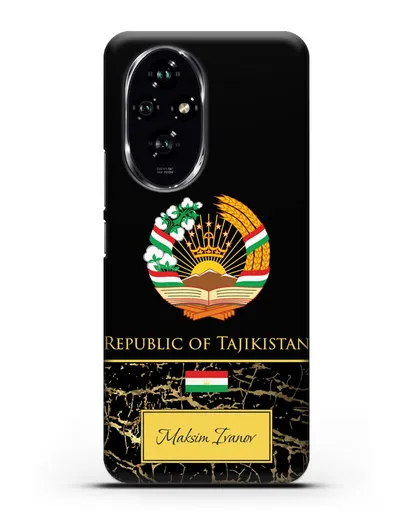 Чехол с гербом и флагом Республики Таджикистан с именем, фамилией на английском языке, черный мрамор силиконовый для Honor 200