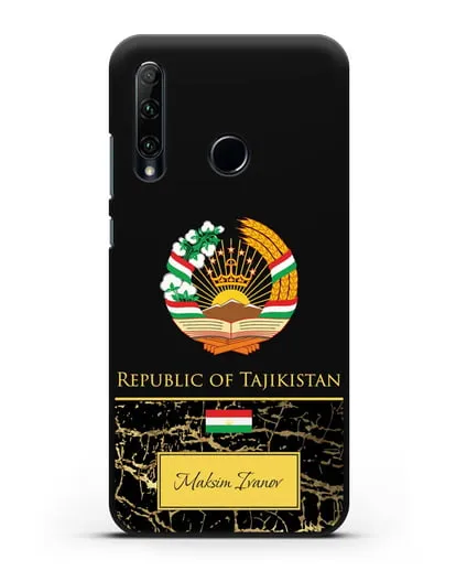 Чехол с гербом и флагом Республики Таджикистан с именем, фамилией на английском языке, черный мрамор силиконовый для Honor 20e