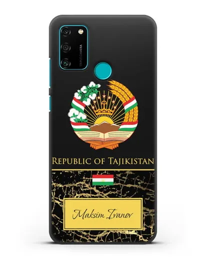 Чехол с гербом и флагом Республики Таджикистан с именем, фамилией на английском языке, черный мрамор силиконовый для Honor 9A